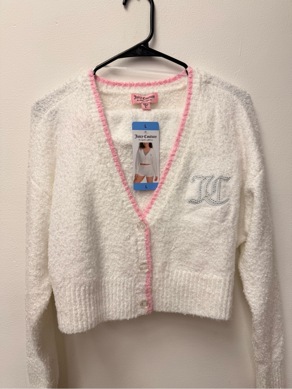Juicy Couture White Fuzzy V-Neck Cardigan with Pink Trim